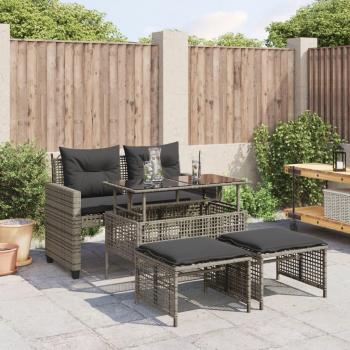 Set de 4 PCs sofás de jardín con cojines gris de Polyrattan y mesa de vidrio