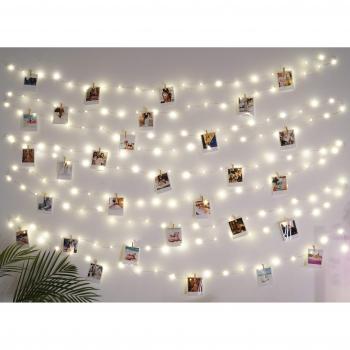 Flamingueo - Campanilla - Luces led 20 metros con 200 bombillas y 30 pinzas de madera - Decoración y Hogar
