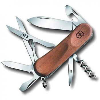 Navaja multiusos de bolsillo suiza Victorinox Evolution Wood 14 2.3901.63.B1 con 12 funciones, incluye tijera, destornillador y abrelatas, presentada en blíster