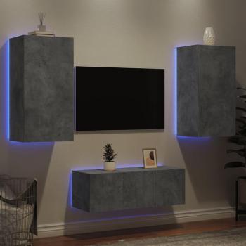 Mueble de TV pared con LED 4 piezas madera ingeniería gris hormigón