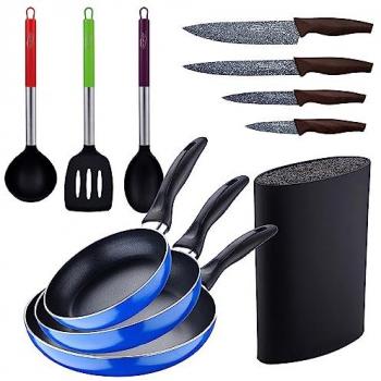 Set 3 Sartenes Aluminio Prensado Inducción Azul Navy Paradise con Utensilios de Cocina Nylon y Cuchillos Acero Inoxidable