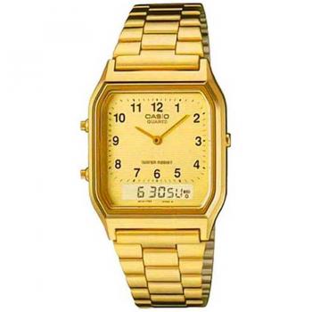Reloj de pulsera CASIO para caballero AQ-230GA-9B con correa de metal dorado y esfera dorada con números Casio