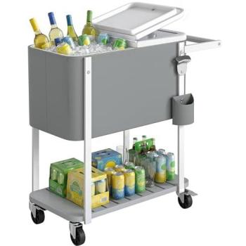 Carrito Nevera 56L con Ruedas y Estante, Abrebotellas, Drenaje y Asa para Jardín y BBQ, Gris 84x38x83 cm