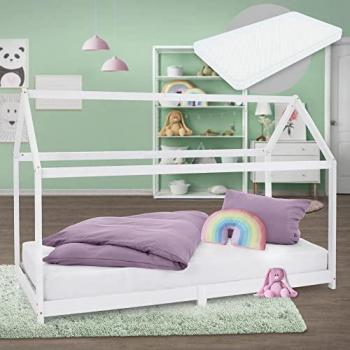 Cama Infantil Casa 90x200 cm con Techo y Somier de Madera de Pino, Color Blanco, Incluye Colchón