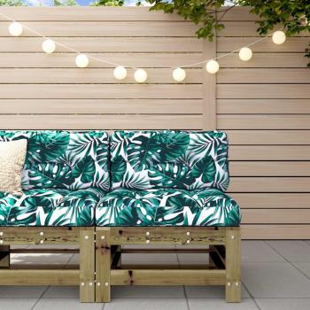 Sofá central de jardín con cojines de madera maciza de pino impregnada en color marrón, incluye pino natural, pino blanco y pino gris, ideal para terraza y exteriores