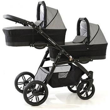 Coche gemelar completo 3 piezas. Sillas + capazos + sillas de coche grupo 0 + accesorios. Gris + negro
