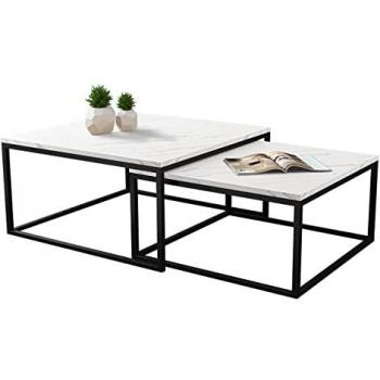 Conjunto mesa de centro angular Oswego 101, mármol blanco y negro, aglomerado laminado, 76 x 76 x 39 cm