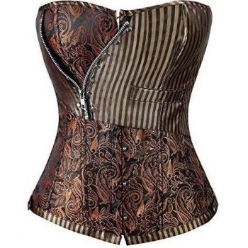 Charmian Women's Victorian Brocade Stripe Boned Gothic Retro Punk Overbust corsé with Zipper Bronze XX-Large