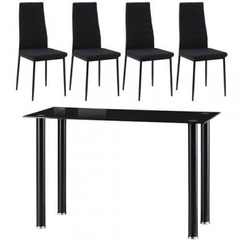 Conjunto de Comedor Moderno 5 Piezas con Mesa de Vidrio Templado y 4 Sillas Tapizadas en Lino Negro