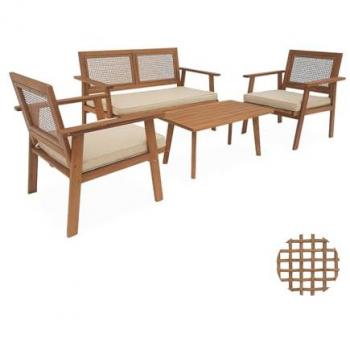 Conjunto de Muebles de Jardín Bohémia de Madera y Caña para 4 Plazas - Sofá de 2 Plazas, 2 Sillones y Mesa de Centro (117x64x74 cm)