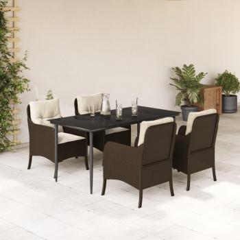 5 Piece Brown Poly Rattan Garden Dining Set with Cushions