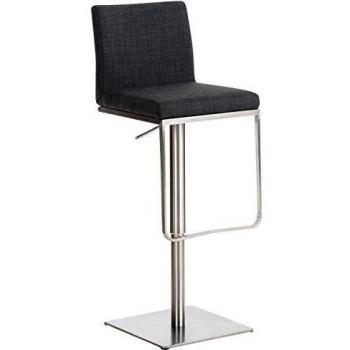 Taburete Bar Panama en Tela Gris Oscuro, Altura Ajustable, Asiento Giratorio 360°, con Respaldo y Apoyapiés, Estructura de Acero Inoxidable