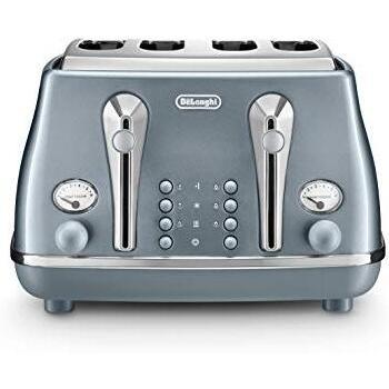 Tostadora De'Longhi Icona Metallics 4 Rebanadas Azul 1800W con Funciones de Descongelado y Recalentamiento, Paneles de Control Separados, 6 Niveles de Dorado