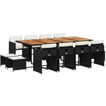 Set de Comedor de Jardín 13 Pcs con Cojines Negros en Ratán Sintético