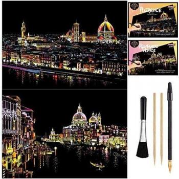 Wbeng Scratch Paper Rainbow Painting Sketch Pads DIY Art Craft Night View Scratchboard para Adultos y niños - 2 Paquetes, 16 x 11.2 Pulgadas