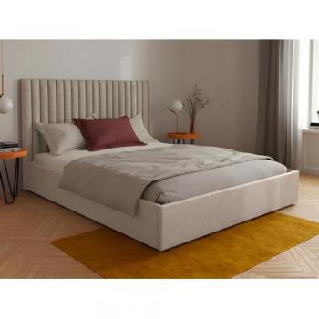 Canapé abatible 140 x 190 cm con cabecero de costuras verticales - Tela Beige + Colchón SARAH