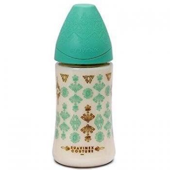 Suavinex - Biberón Bebé Premium Haute Couture, Tetina Redonda Silicona 3 Posiciones, 270 ml, Biberón +0 Meses. 0% Bpa, Diseño Étnico, Color Verde Claro