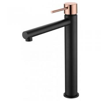 Grifo de Lavabo Monomando Caño Alto sobre Encimera - Mice en Negro Mate y Oro Rosa