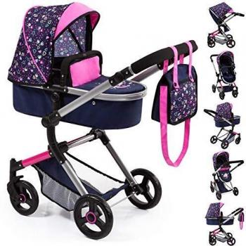 Carrito de muñecas combinable Vario azul/pink con corazones y sirena, incluye bolsa cambiadora