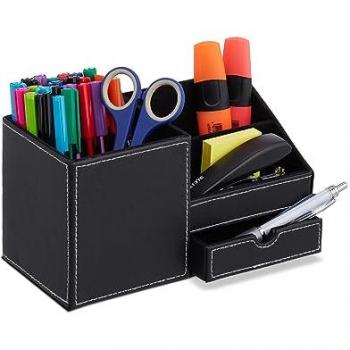 Organizador de Escritorio Polipiel, 3 Compartimentos y Cajón, 12x22,5x11 cm, Negro y Blanco - Relaxdays