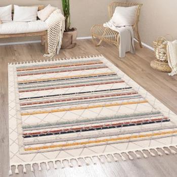 Alfombra de salón moderna boho chic étnica nórdica, dibujo geométrico, pelo corto, tamaño 120x170 cm, color multicolor 2 con flecos