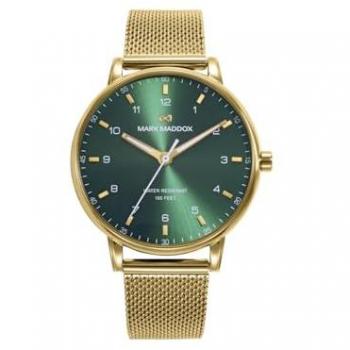 Reloj de Hombre Mark Maddox Greenwich - Caja y Malla Milanesa de Acero IP Dorado, Esfera Verde con Agujas Doradas, Diseño Elegante y Moderno