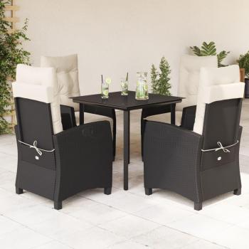 5-Piece Black Poly Rattan Garden Dining Set with Cushions