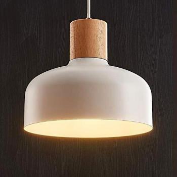 Lámpara colgante Lindby Carlise de metal blanco con elemento de madera, 1 lámpara E27, para salón y comedor