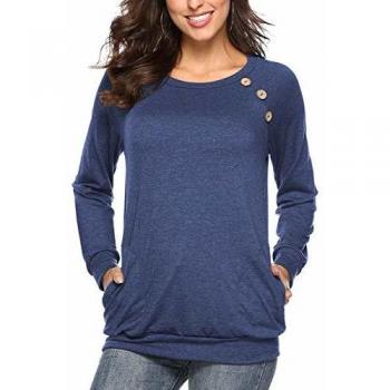 Martiount Camiseta de Manga Larga para Mujer con Bolsillo Botón Design Blusa Camisa Cuello Redondo Basica Camiseta Tops Otoño Casual T-Shirt Navy XXL