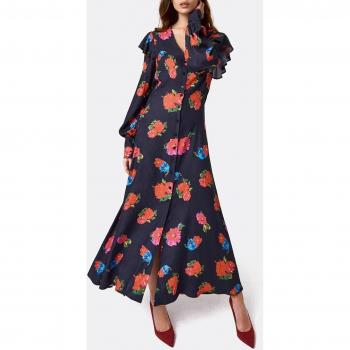 Vestido midi volante crep estampado flor pixelada