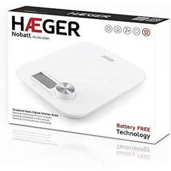 HAEGER NOBATT - Báscula de Cocina sin Pilas, Máx. 5 Kgs, Tecnología sin batería: Botón giratorio para generar energía, función de tara, indicador de batería baja y de sobrepeso