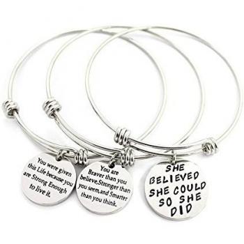 mikini Juego de 3 mujer bañado en plata, metal de aleación pulseras grabado Mensaje palabras inspiradoras de motivación redondo colgante Charm Ajustable pulseras
