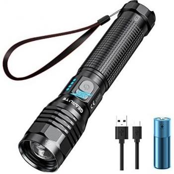 GEARLITE Linternas LED Alta Potencia, 10000 Lumenes Linternas USB Recargable con 2 Botones, IP65 Impermeable Linterna Zoomable con 5 Modos para Camping Senderismo Emergencia
