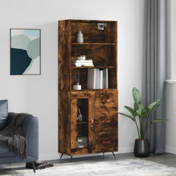 Aparador alto de madera contrachapada en color roble ahumado, dimensiones 69,5x34x180 cm, con 1 puerta de cristal y 3 cajones, ideal como mueble de almacenaje para salón