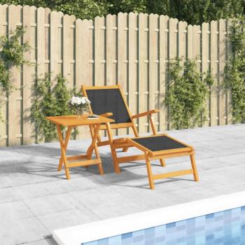 Silla de jardín con reposapiés y mesa de madera de acacia y textilene marrón, ideal para exterior, jardín, playa, piscina y terraza