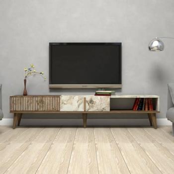 Mueble de Televisión Aquila, Aparador Bajo para Salón, Base de Pared Equipado, 180x35x40 cm, Nogal y Blanco