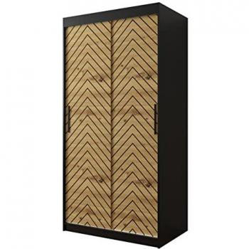 Armario Corredero Hartford 306, Negro y Roble Artisan, 100x200x62cm, con 5 Estantes y 2 Barras para Ropa