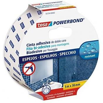 tesa Powerbond Cinta Doble Cara ESPEJOS , Cinta Doble Cara para Espejos , Cinta Adhesiva Resistente a la Humedad para Baños y Duchas , 5 m x 38 mm