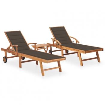 Teak Wood Sun Loungers Set with Table and Cushions - 2 Pieces