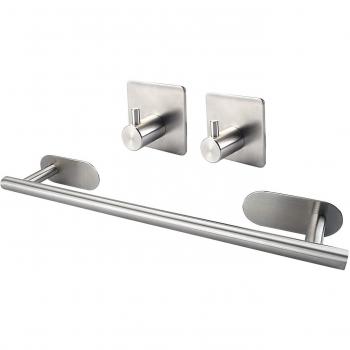KONKY Toallero Baño Fuerte Adhesivo 40cm/15.75 Pulgadas, Toallero Barra Acero Inoxidable Sin Taladrar, Acabado Pulido Toalla Soporte Toalleros de aro para Baño con 2 Ganchos Adhesivos Perchas