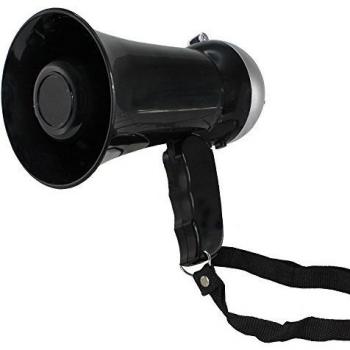 Mini Megáfono FISHTEC 10W - Altavoz y Sirena Compacto con Volumen Ajustable, Funciona con 6 Pilas AA, 17 cm, Negro