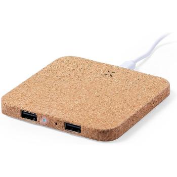 Cargador Inalámbrico Nature de Corcho 10W con 2 Salidas USB - Color Marrón Claro 9,4x1x9,4 cm