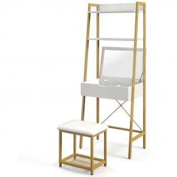 Costway 2-Piece White Makeup Vanity Set Flip Top Table Mirror Ladder Storage Shelf Cushioned Stool