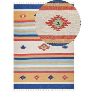 Alfombra Kilim de Algodón Multicolor 200 x 300 cm Tejida a Mano Reversible con Patrón Geométrico y Borlas