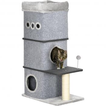 PawHut Barril Rascador para Gatos con Caseta de Fieltro Extraíble