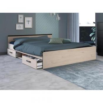 Cama con compartimentos 140 x 190 cm - 2 cajones y 1 estante - Color: natural + Somier + colchón - PABLO