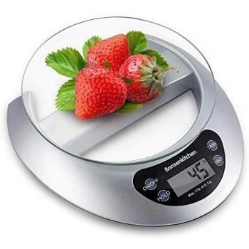 Bonsenkitchen Báscula Digital Balanza de Cocina Profesional, Escala de Peso de Alta Precisión con Vidrio Desmontable y Pantalla LCD - 5 kg / 11 lb, Báscula de Alimentos Electrónica Plata