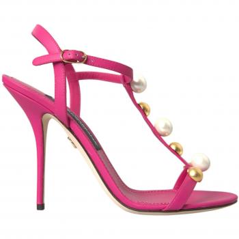 Dolce & Gabbana Pink Embellished Leather High Heel T-Strap Sandals - EU39/US8.5