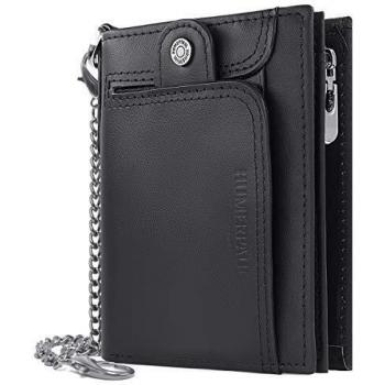 HNOOM Cartera para Hombre Cartera de Cuero Genuino con Bloqueo RFID para Hombre Monedero de Bolsillo con Cremallera, Tarjetero Plegable con Cadena, con Caja de Regalo