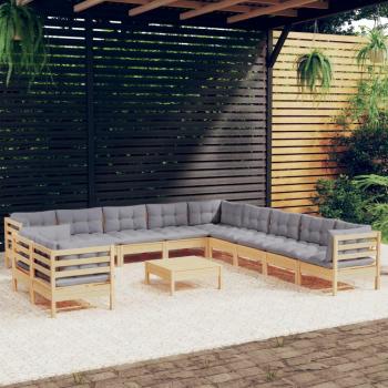 12 Piece Solid Pinewood Garden Lounge Set with Gray Cushions